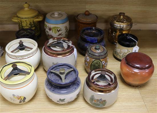 A Doulton Slaters Patent tobacco jar, a monk jar and twelve other tobacco jars, various (14)